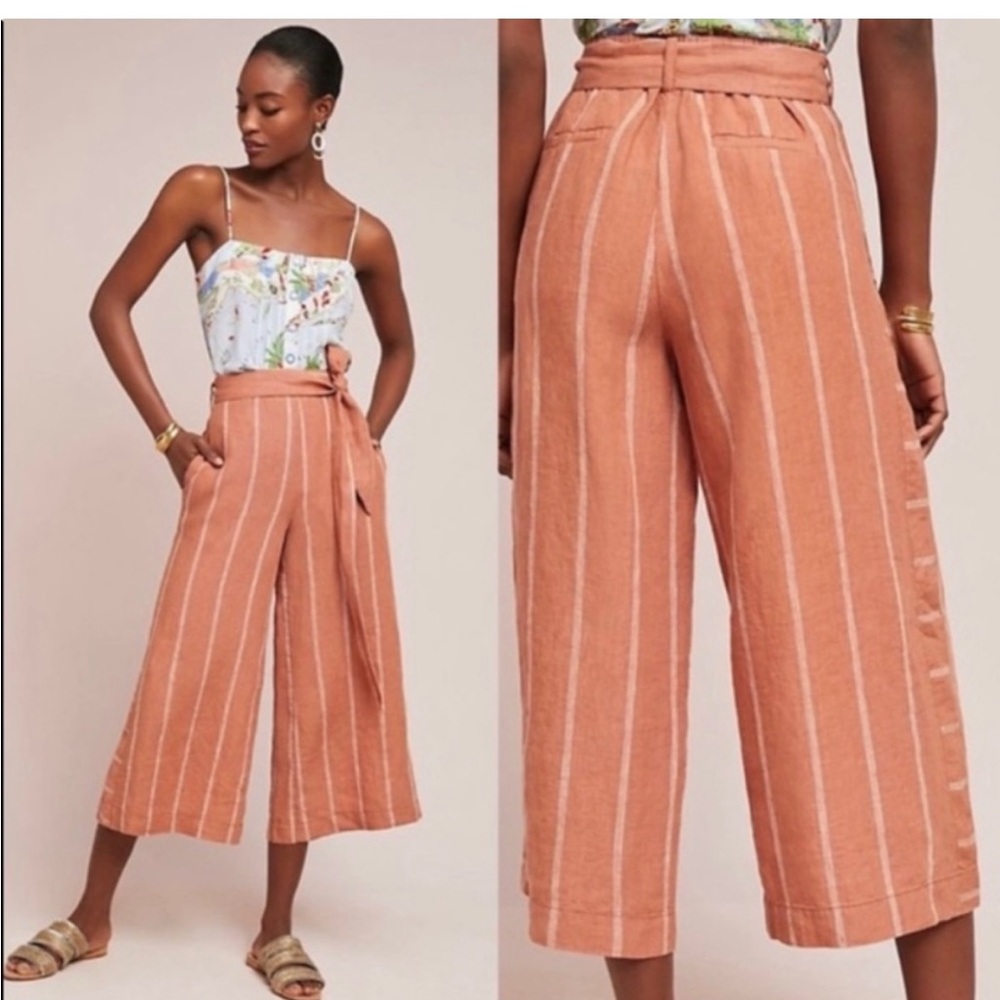 Anthropologie Portia Striped Wide-Leg Cropped Pants with Belt Size Small